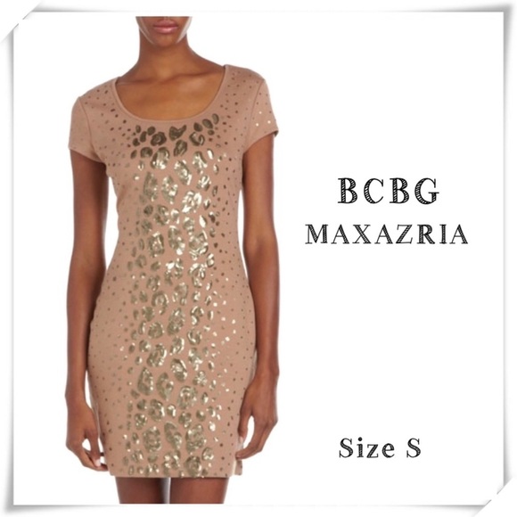 Bcbg Maxazria Leopard Spangles Jersey Stretch Bodycon Dress Camel Tan Size S - Picture 1 of 9